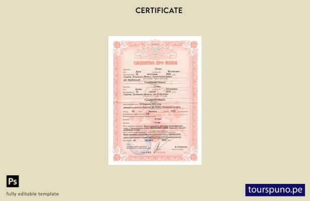 Plantilla PSD de certificado de matrimonio de Ucrania lista para imprimir, con p